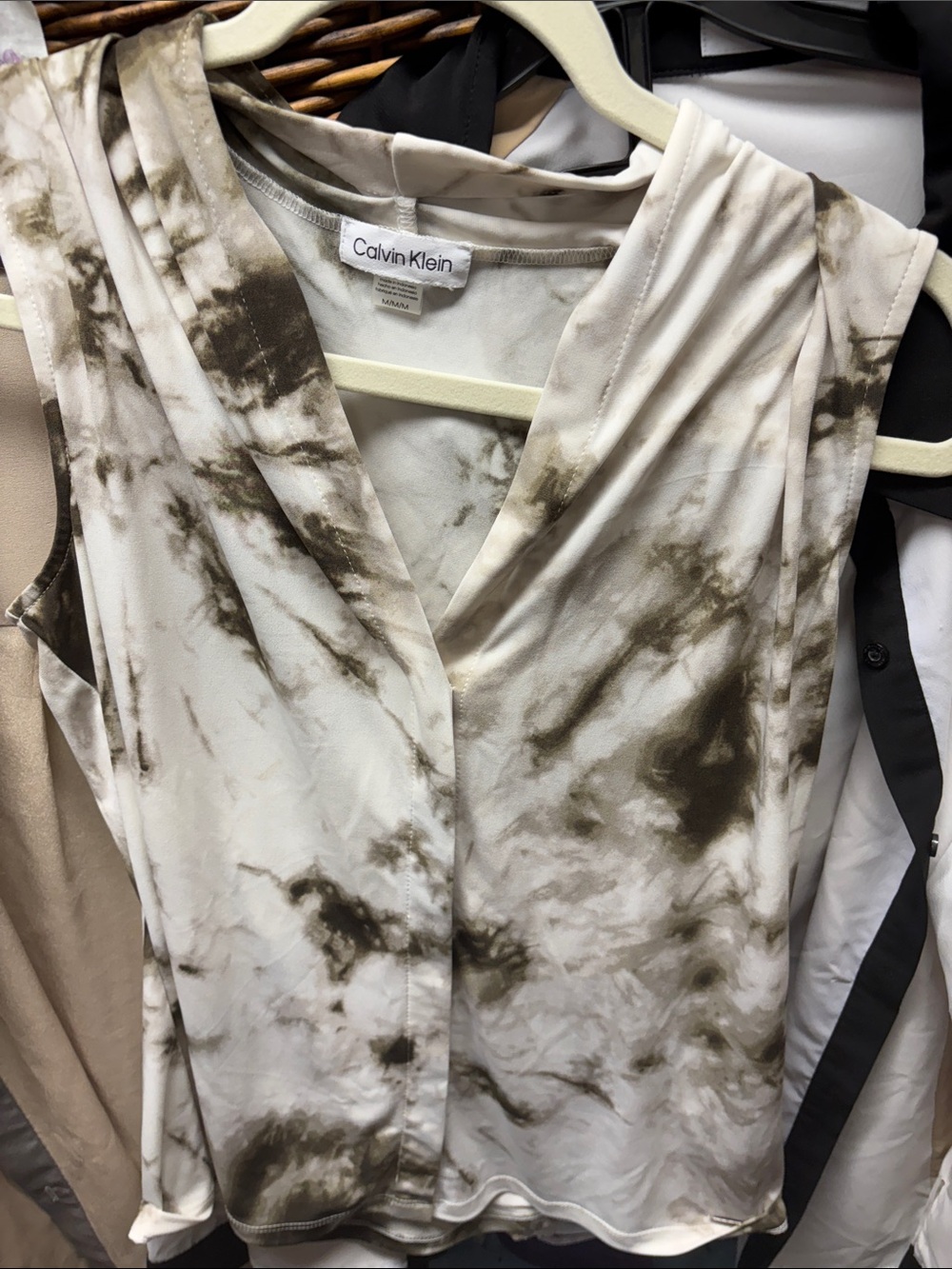 Calvin Klein Tie-Dye V-Neck Sleeveless Camisole - White & Olive